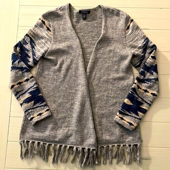 Chaps Aztec Sleeved Cardigan. Size Small. Navy, gray, tan Fringe on bottom - Picture 1 of 4